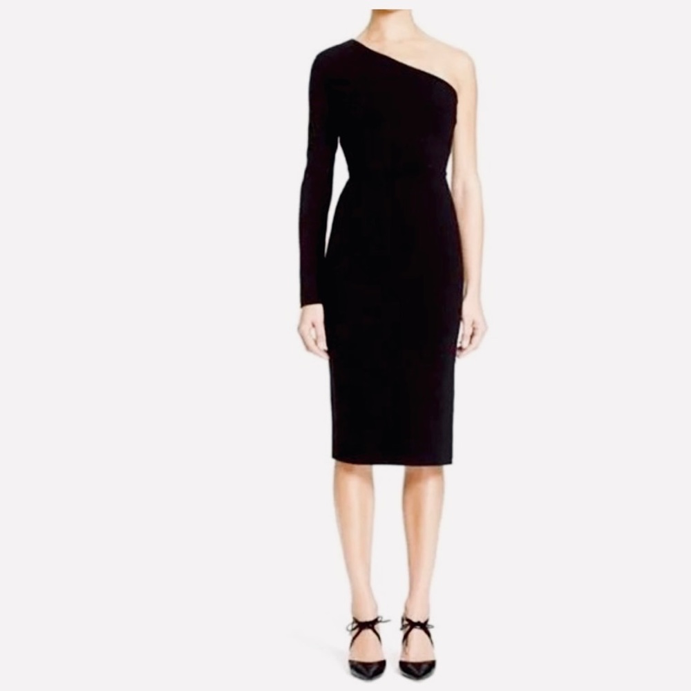 Veronica Beard Aspen One Shoulder long sleeve fitted Midi dress black